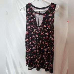 Maurices 24/7 Large Black Tank Top Pink Floral Print Soft Flowy Loose